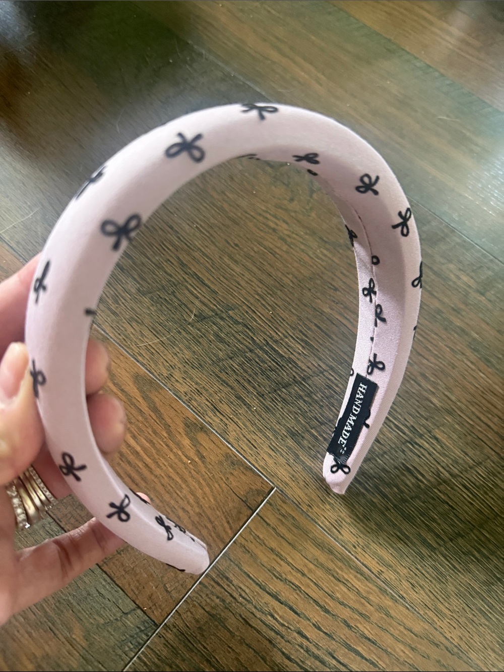 Handmade Pink Headband with Black Bow Print
